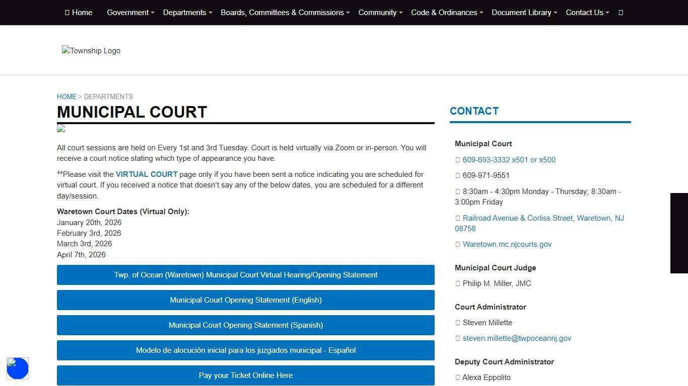 The Official Website of The Township of Ocean, NJ - Municipal Court